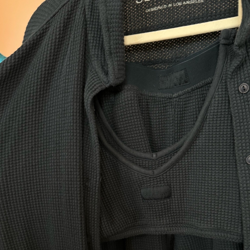SET ACTIVE 3 piece Button Down Shirt, Dip Bra & Lounge Waffle Pant OXFORD - Picture 6 of 12